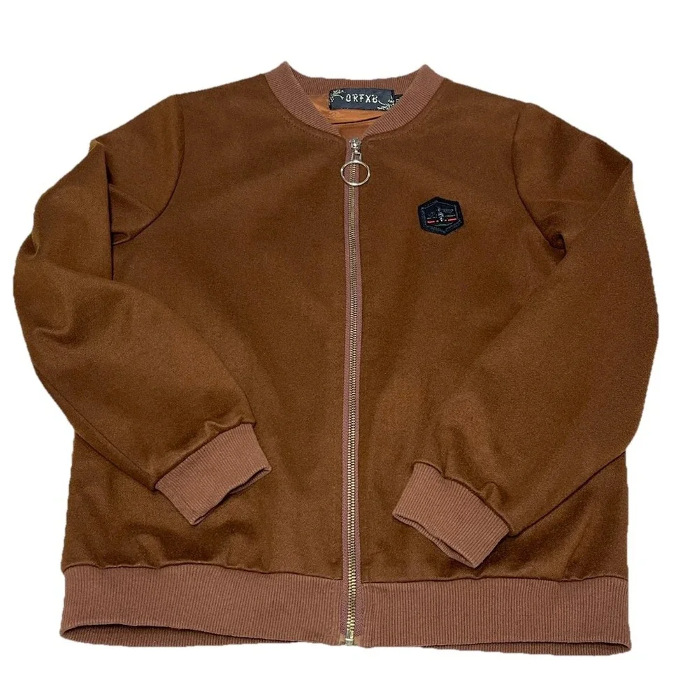 CRFXB Suede Feel Brown‎ Mens Bomber Jacket Size XL Gold Zipper And Bee Preppy